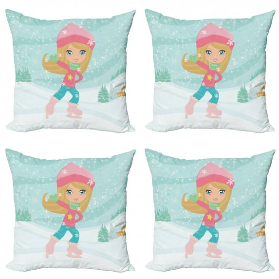 Sports Throw Pillow Cushion Case Pack of 4, Little Girl Skating on Ice in Idyllic Snow Covered Village Playroom Theme, Modern Accent Double-Sided Print, 4 Sizes, Multicolor, by Ambesonne