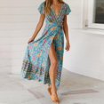thumbnail image 4 of PENGXIANG Robe Maxi Bohème à Fleurs Imprimées Col en V Manches Courtes Fendue pour Fête à la Plage S-TG, 4 of 5