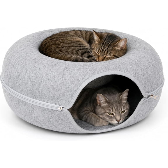 PHYEX Cat Cave Donut Bed for Indoor Cats Cozy Tunnel Hideaway & Sleep Space, Cat Tunnel Bed for Large Cats, 19.7 x 19.7 x 8 inches, Gray