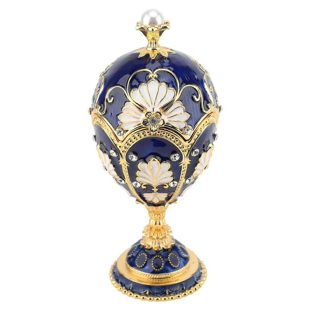 Boîte à bijoux en forme d'œuf de Pâques, peinte à la main, décorative, en alliage émaillé, à charnière, pour bagues et colliers, bleu et blanc