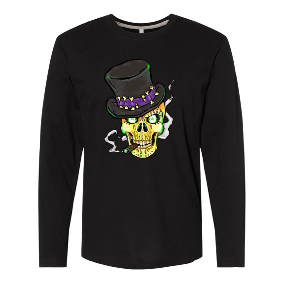 Inktastic Mardi Gras Skull with Cigar Long Sleeve T-Shirt