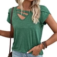 thumbnail image 3 of Top de manga corta,Camiseta de manga corta con cuello en V para mujer, Top de manga de pétalo de color puro, características de vanguardia, 3 of 6