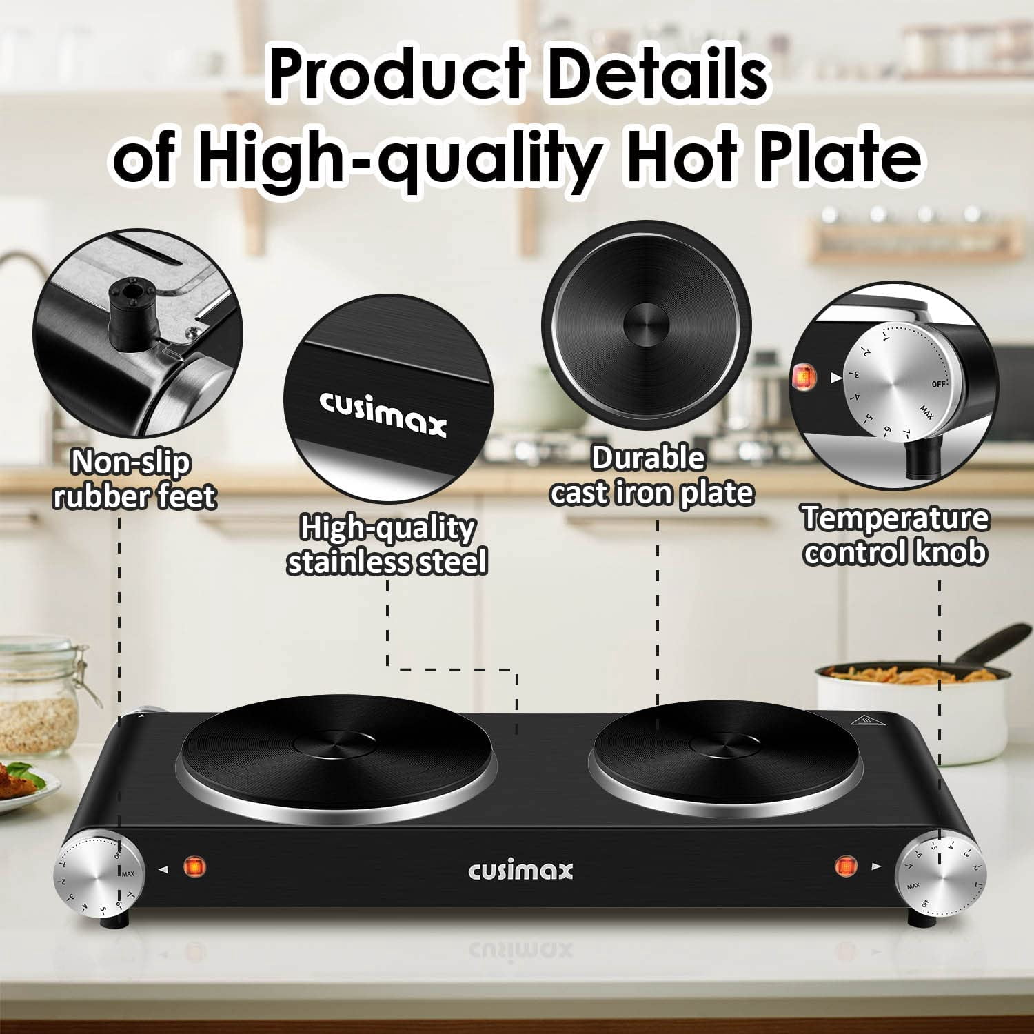 Hot Plate for Cooking 1800W Portable Electric Double  Countertop Cooktop Cast Iron Stove Heating Plate with 7 Power Levels Adjustable Temp Control, Compatible for All Cookwares