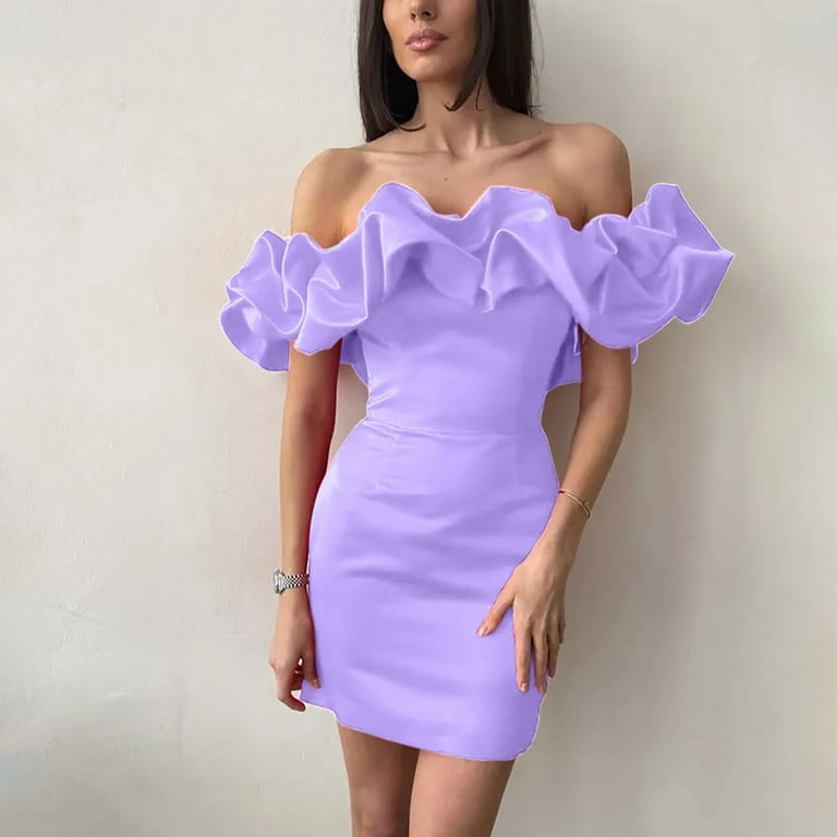 Wycnly Dresses for Women Fashion Ruffle Layer Strapless Slim Wrap Club Mini  Dresses Tube Top Sleeveless Solid Summer Short Formal Dress Purple s 