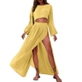 thumbnail image 2 of SOOMLON 2 Piece Skirt Set for Women Plus Size Long Sleeve Crop Tees Side Split Skirt Vacation Linen Matching Outfits, 2 of 8