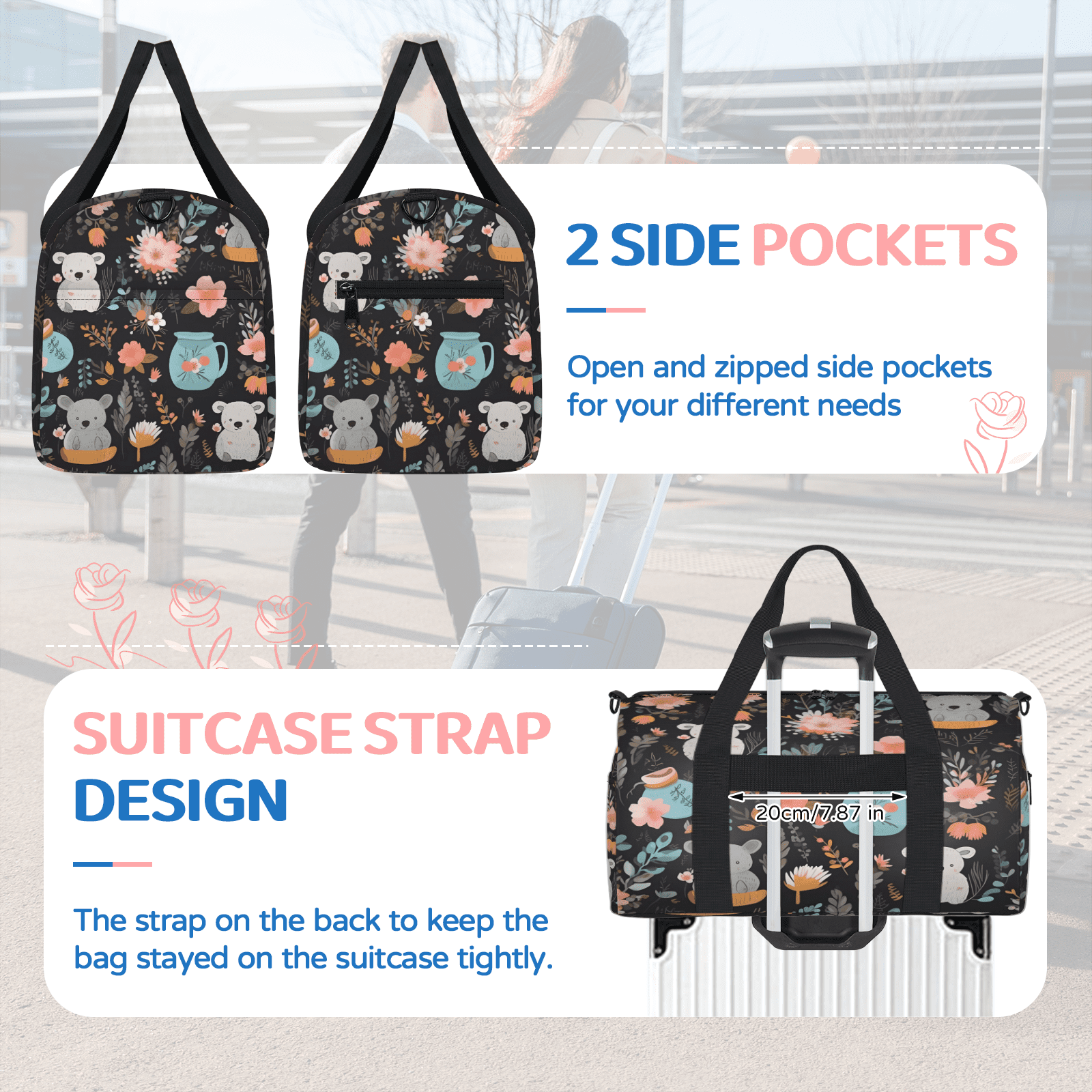 Herdesigns Koala Gym Bag for Women, Duffle Bag for Travel Sport, Flower Koala Lightweight Waterproof Carry on Weekender Dance Yoga Workout Bags