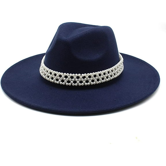 LINLIN Fedora Hats for Women Wool Panama Hat with Pearl Band Wide Brim Felt Hat Classic Trilby Hat