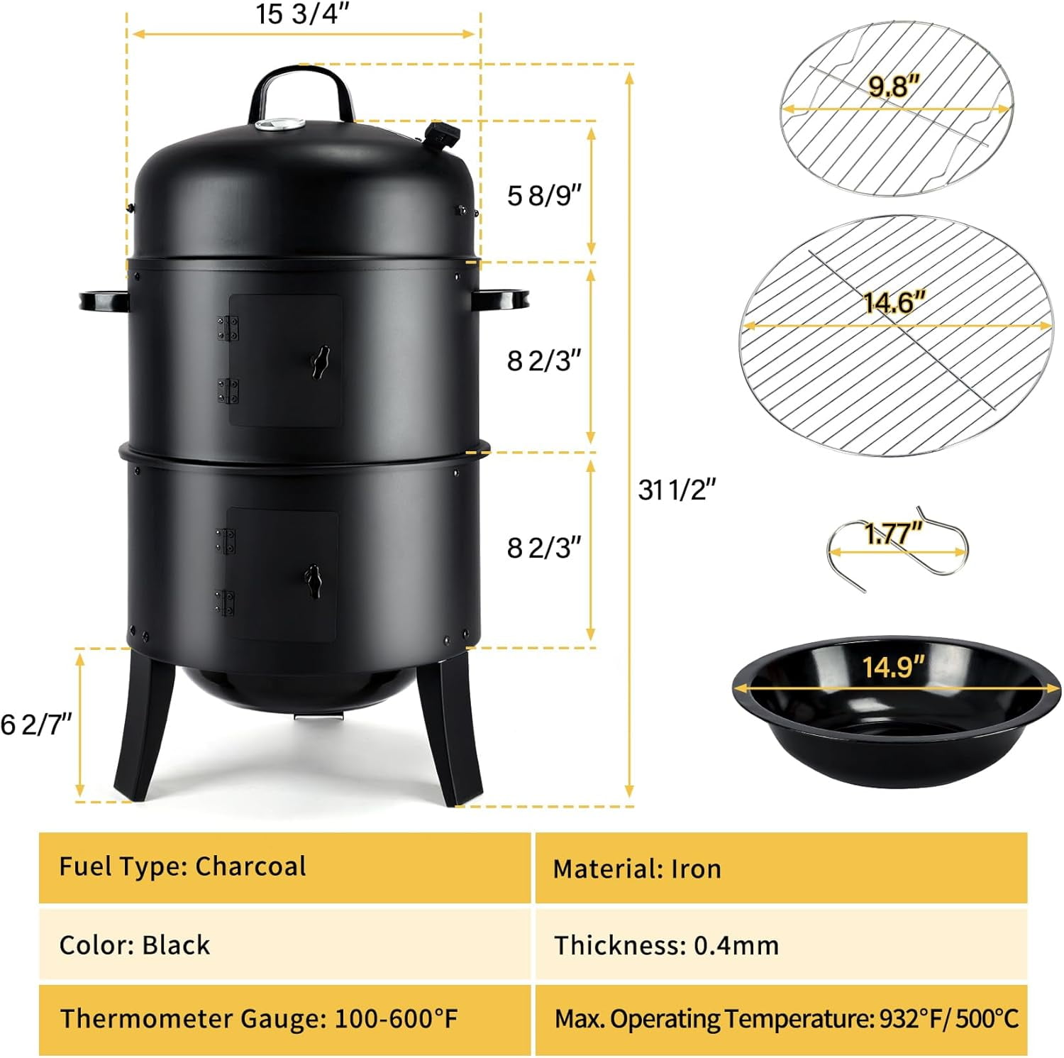 TCFUNDY 32" Vertical Charcoal Smoker Grill, Heavy-Duty BBQ Grill with Built-in Thermometer, 3 in 1 Grill and Smoker, Portable Meat Cooker with Air Vent for Outdoor Barbecue Cooking
