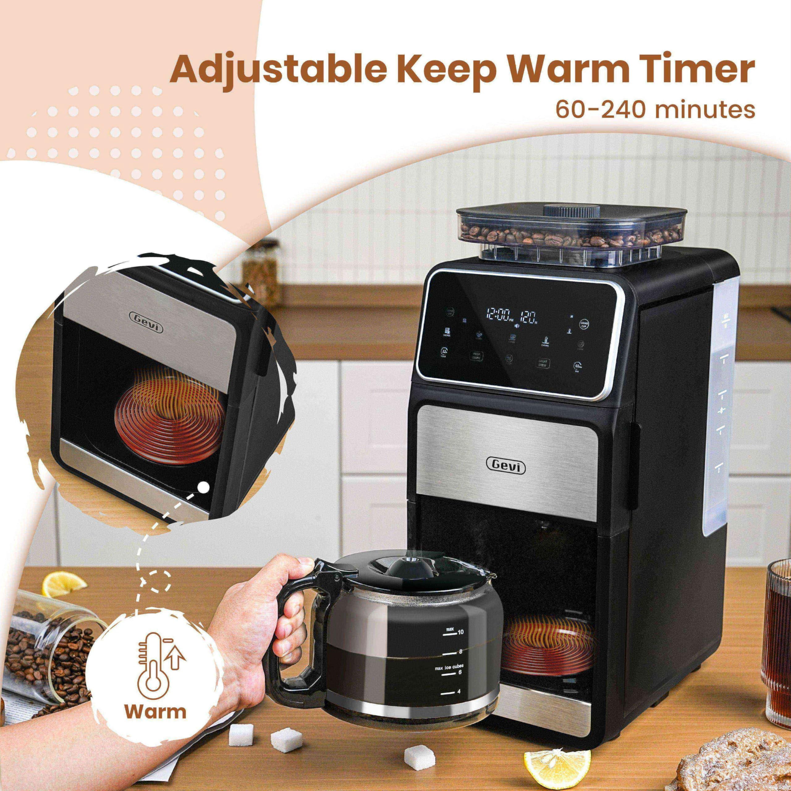 Gevi 10 Cup Drip Coffee Maker With Built-in Burr Grinder Programmable Touch Screen 4 Hour Keep Warm Permanent Filter Home Office