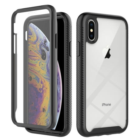 iPhone XS/X Case with Built in Screen Protector,Dteck Full-Body Shockproof Rubber Hybrid Protection Crystal Clear PC Back Protective Phone Case Cover for Apple iPhone XS/iPhone X,Black