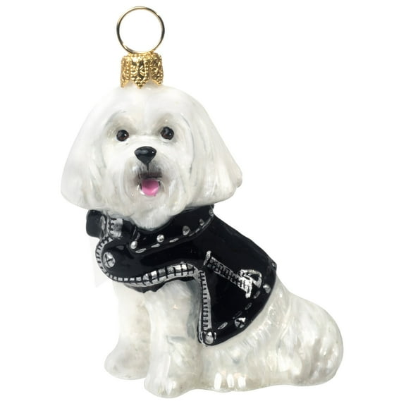 Maltese in Motorcycle Jacket Polish Glass Christmas Ornament