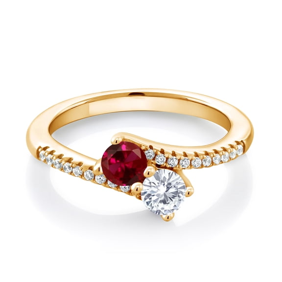 Gem Stone King 18K Yellow Gold Plated Silver Red Created Ruby Moissanite and Zirconia Bypass Ring for Women (0.72 Cttw, Gemstone July Birthstone, Round 4MM, Size 6)