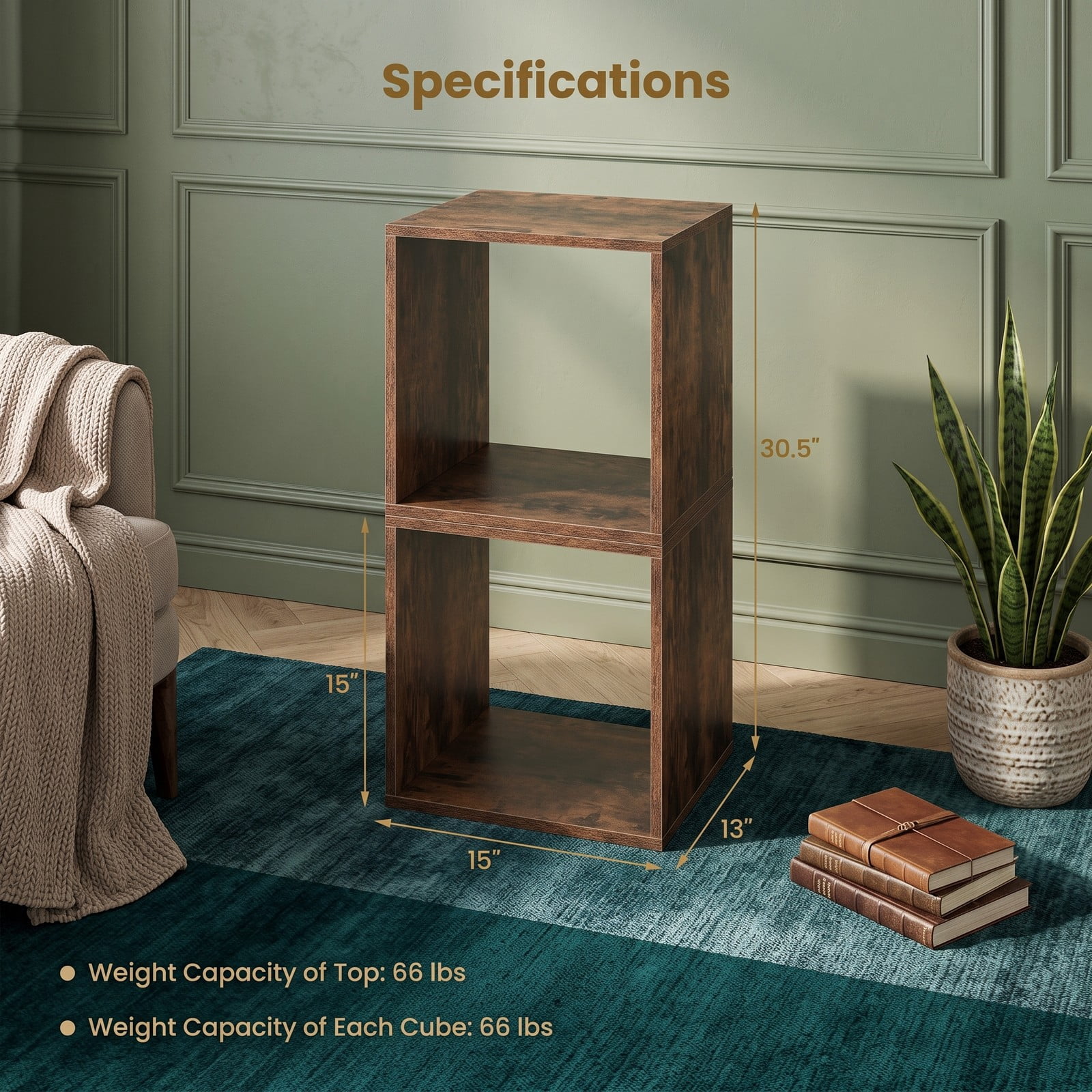 Furnibear Cube Storage Organizer Set of 2, Stackable Modular Wood Bookcase Cubby Shelf for Living Room Bedroom Study Office, Display Bookshelf with, Rustic Brown