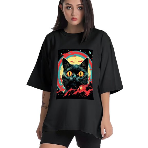 Plus Size Shirt for Women Black Tops for Women Short Sleeves Shirt for Women Retro Black Cat T Shirt Crewneck Shirt for Women XS