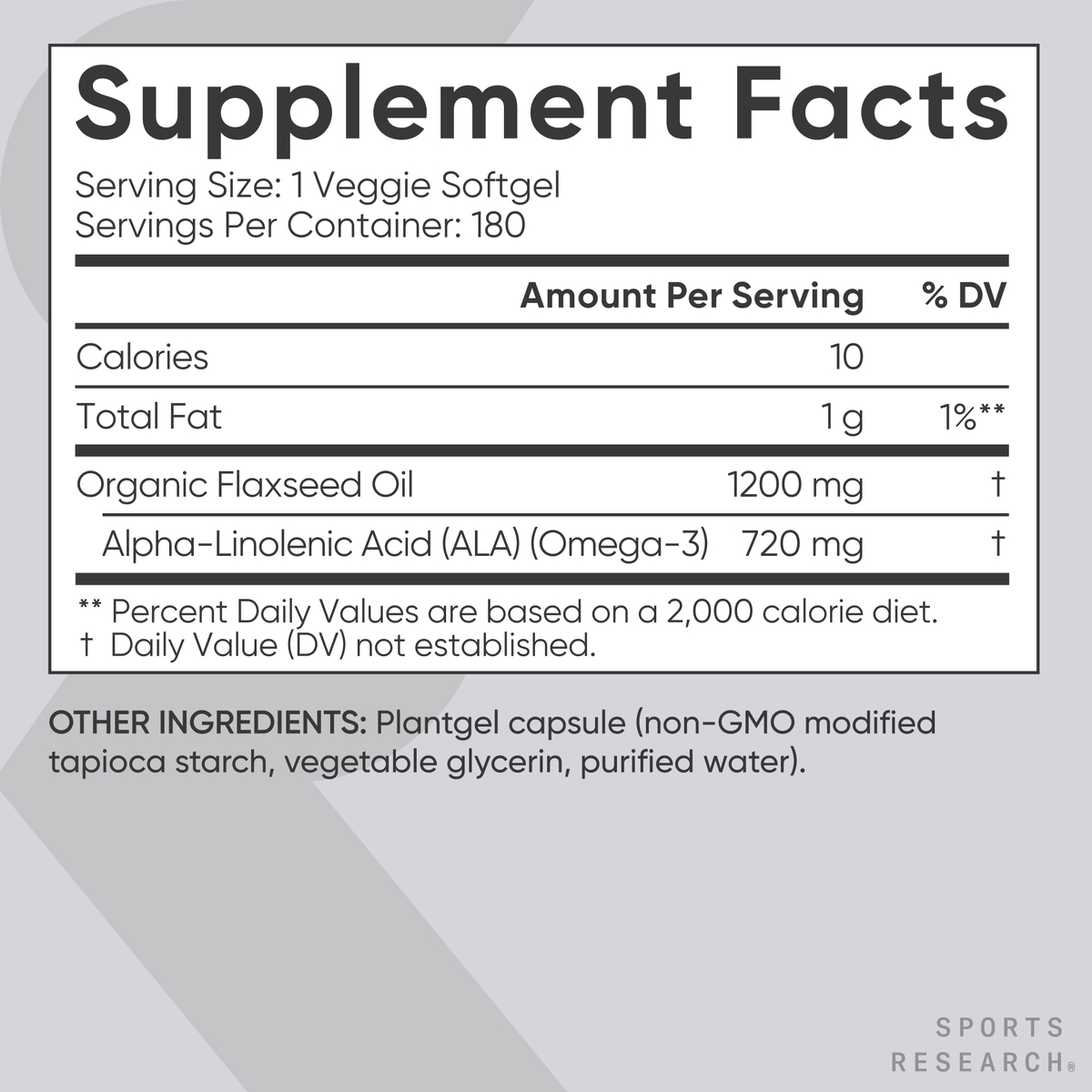 Sports Research® Vegan Flaxseed Oil 1200mg w/ ALA Omega 3 Non-GMO (180 Softgels)