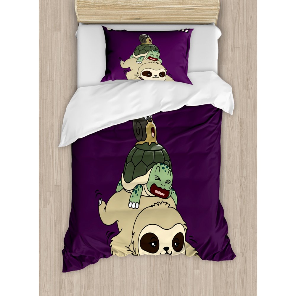 Sloth Duvet Cover Set, Funny Cartoon Scenery with Sloth Turtle Snail on