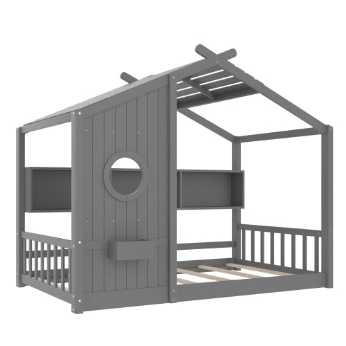 Generic Twin Size Floor House Bed for Toddler, Kids Montessori Bed with Storage Shelf, Playhouse Bed with Roof Design, Gray