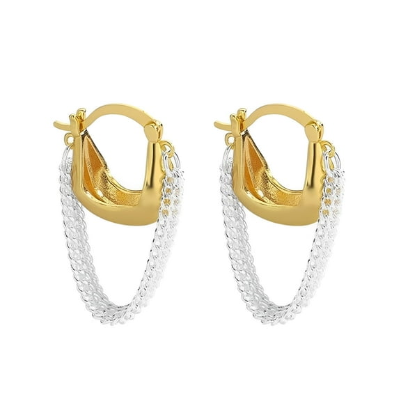 Two-Toned Gold Chain Hoop Earrings for Women - 925 Sterling Silver Posts, Dainty Dangle Tassel Design, Clip-On Nap Earrings French Vintage Jewelry