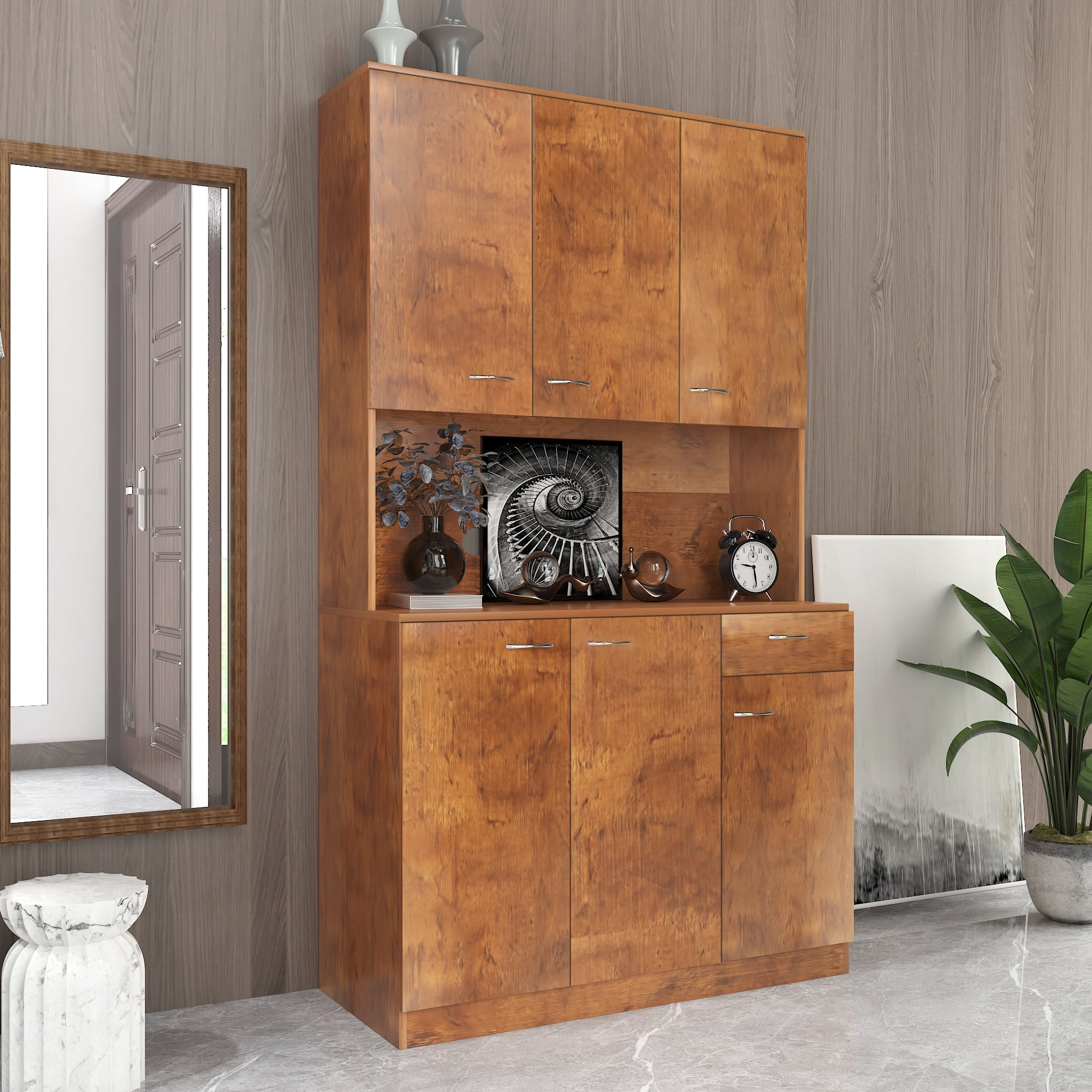 Mintazer 70.8" Tall Kitchen Pantry Cabinet with Open Shelf, Freestanding Food Storage Cabinet with Drawer & 6 Doors for Hallway Living Room Kitchen, Brown