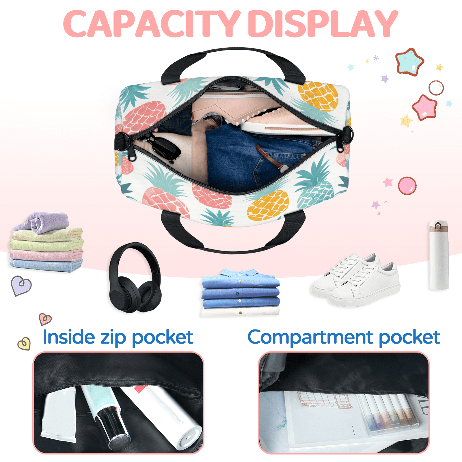 Herdesigns Pineapple Travel Duffle Bag Sports Yoga Weekender Overnight Carry on Workout Bags Lightweight Waterproof Gym Tote Bag for Women Colorful