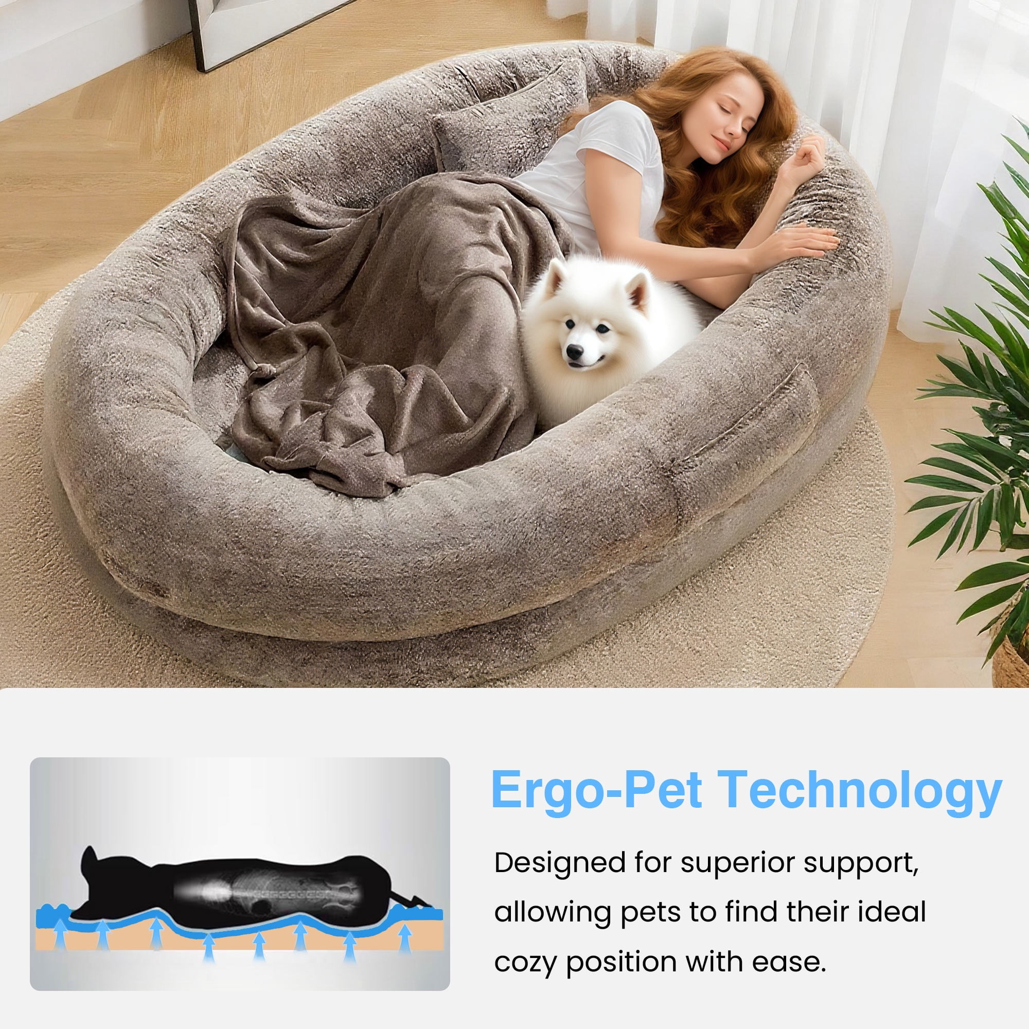 Extra Large Human Dog Bed for Adults & Pets, Faux Fur Orthopedic Lounger with Pillow & Blanket, Washable Nap Bed, Perfect Gift for Pet Lovers (68'' x 35'' x 14'')