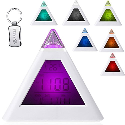 7 LED Color Changing Digital Thermometer Pyramid LCD Alarm Clock Desk Bed Light 
