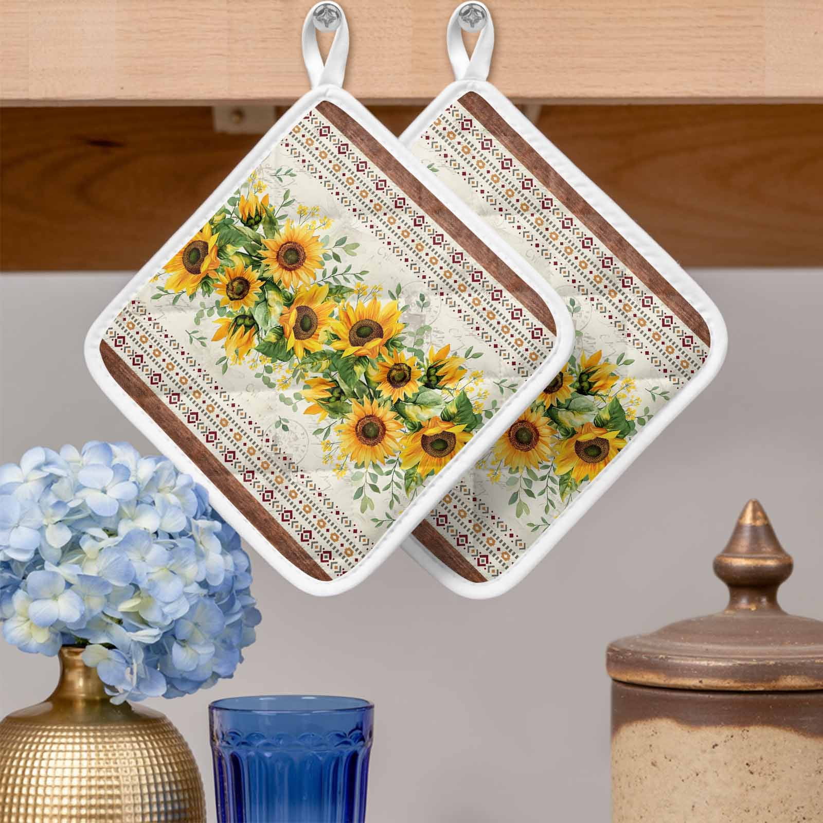 Sunflower Brown Pot Holders for Kitchen Heatproof Potholder, 4 Pack Retro Southwest Country Plant Leaf Floral Hot Pads Multipurpose Oven Pads Cloth Potholders Trivet for Cooking and Baking