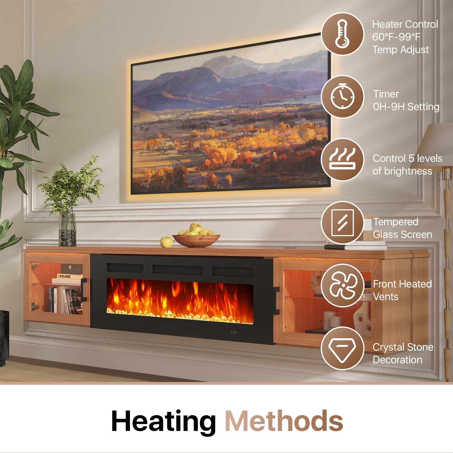 Sonegra Floating Fireplace TV Stand for TVs up 80", Wall Mounted Fireplace Entertainment Center, 70" Console Table with Electric Fireplace, Brown, WI-FI Enabled