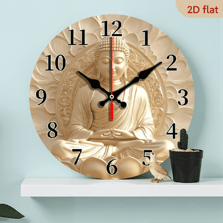 Peaceful Serene Buddha Statue MDF Wood 10in Round Wall Clock, Silent Non-Ticking Battery Operated, Modern Home Decoration Art, Excellent Gift for Halloween Easter Christmas