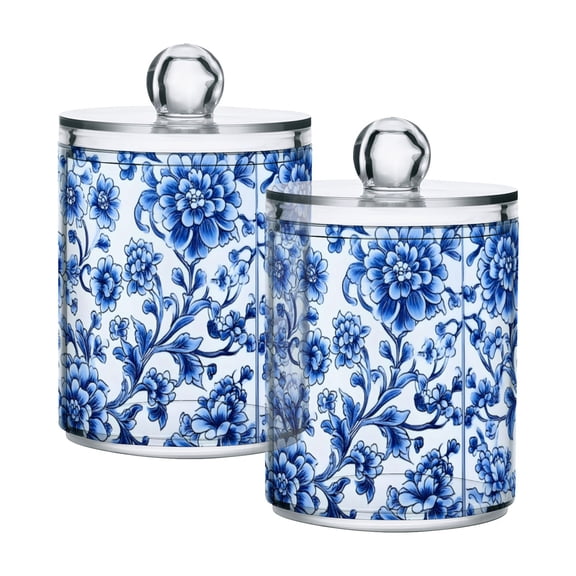 Blue and White Porcelain Cotton Swabs Cans Translucent Plastic Canisters Dustproof Lid for Bathroom Storage