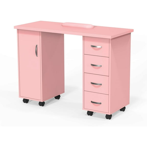 OmySalon Manicure Table Nail Desk w/Cabinet, Drawers, Wheels & Wrist Rest, Spa Salon Beauty Home Wooden Technician Workstation Nail Art Equipment for Nail Tech, Pink