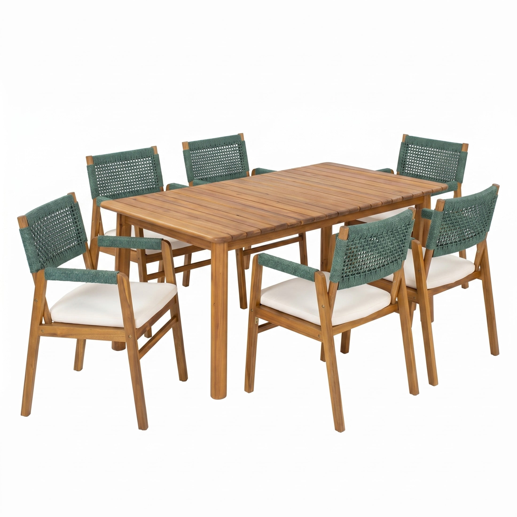 Christopher Knight Home 7-Piece Wood Outdoor Dining Set, Extendable Table with Rope Armchairs, Teak+Green