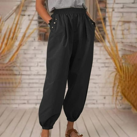 

Xysaqa Plus Size Summer Outfits Women s Casual Loose Baggy Pants Trousers Overalls Elastic Waist Cotton Linen Pants with Pockets