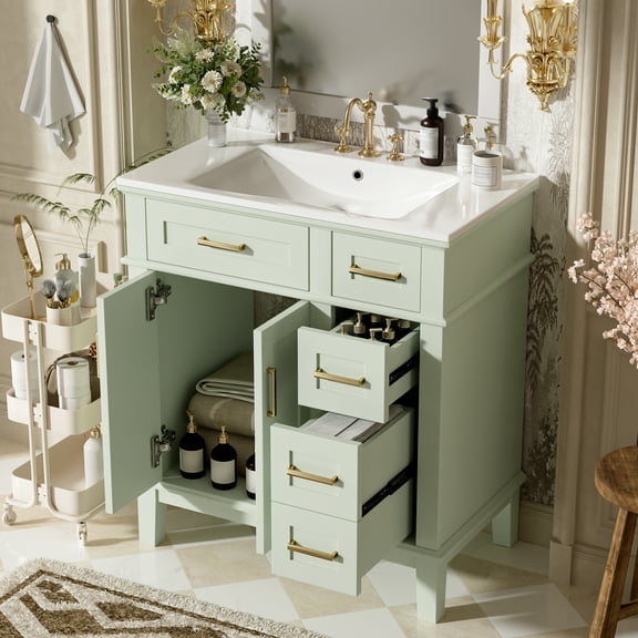 Euroco 30" Bathroom Vanity with Ceramic Sink, Deep & Standard Drawers, Stylish Bath Vanity for Small Bathrooms