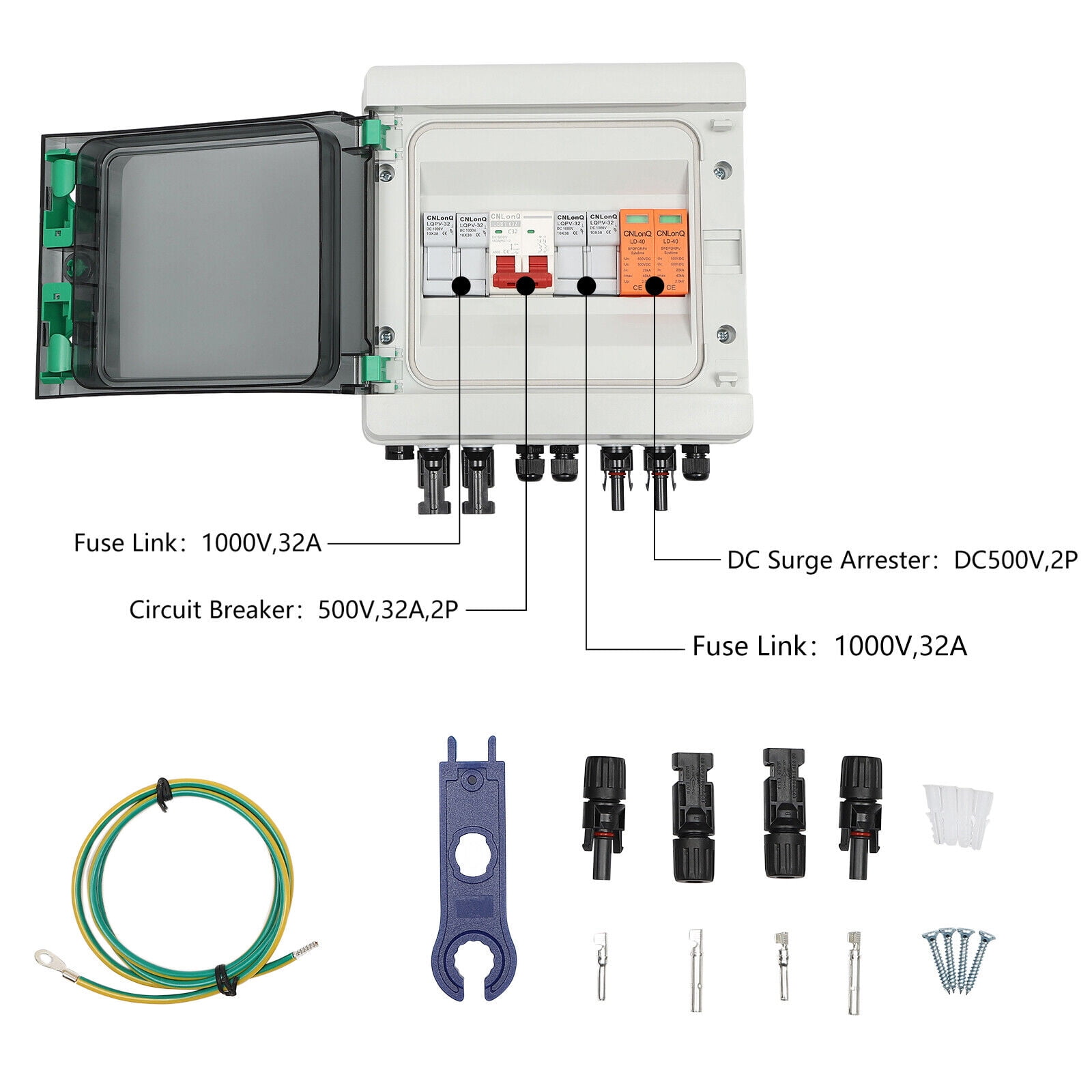 Solar Combiner Box 2-String Pv Combiner Box DC500v Solar Junction Box Solar Breaker Switch 32A Circuit Breaker Protector