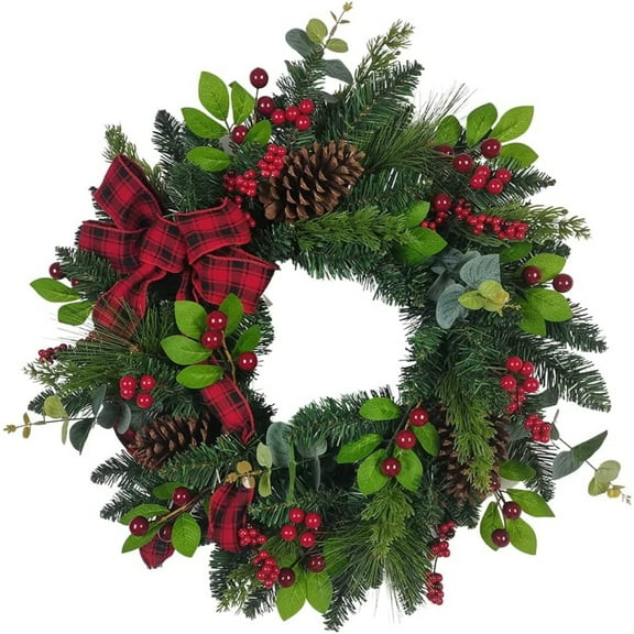 Kurt Adler Artificial Berries and Pinecone Ribbon Wreath Christmas Decoration, Green, 24"