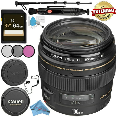 Canon EF 100mm f/2 USM Lens + 58mm 3 Piece Filter Kit + 64GB SDXC Card + Lens Pen Cleaner + Fibercloth + Lens Capkeeper + Deluxe 70