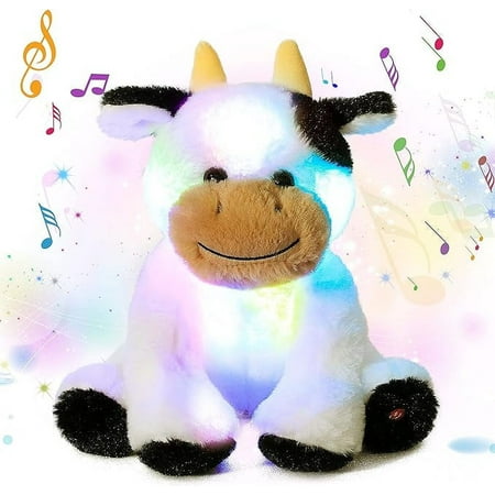 Cuteoy Musical LED Plush Cow Light up Stuffed Singing Dairy Cattle Animals Lullaby Floppy Night Lights Glow Afraid of Dark Gifts for Kids Toddlers on Birthday Xmas, 10