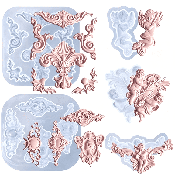5Pcs Baroque Silicone Molds, Angel Baroque Style Curlicues Scroll Lace Silicone For Candle 3D Sculpted Cake Decoration Cupcake Topper Chocolate Gum Paste Candy Polymer Clay
