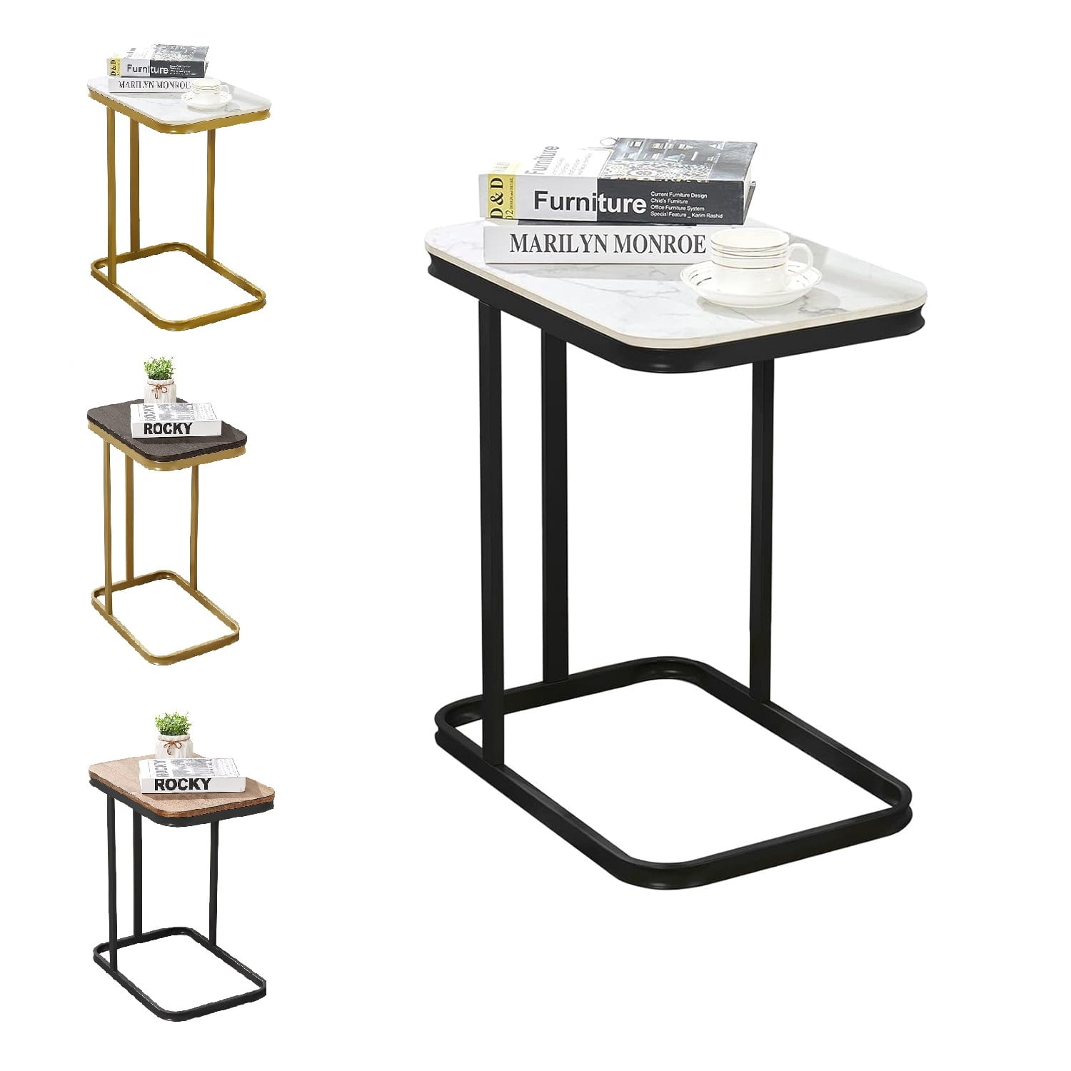 Nathaniel Home C-Shaped Sofa Side End Table, Legant Modern Sofa Side Table, Square Under Sofa Tables, with Painted Metal Frame, Black/White
