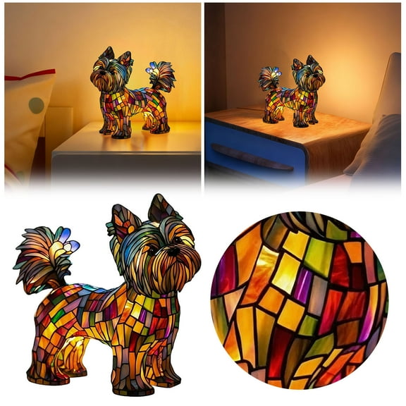 Yorkshire Terrier Lamp, Stained Glass, Dog Series Art Night Light, Stained Resin French Bulldog Tabletop, Pet Dog Themed LED Table Light, Fun Gift for Dogs Lovers