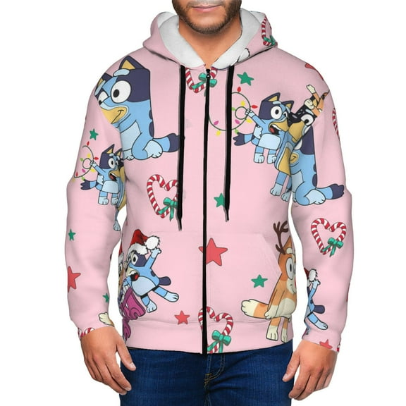 Johaoi Bluey Pattern Zip Hoodie Sweatshirt for Men,Sleeve Pullover Casual Long Hooded Sweatshirt with Zipper-Small