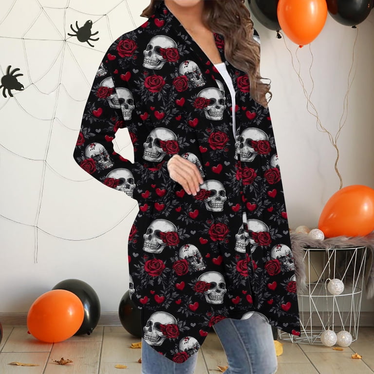BVOFAR Gothic Skull Long Cardigans for Women Trendy Open Front 