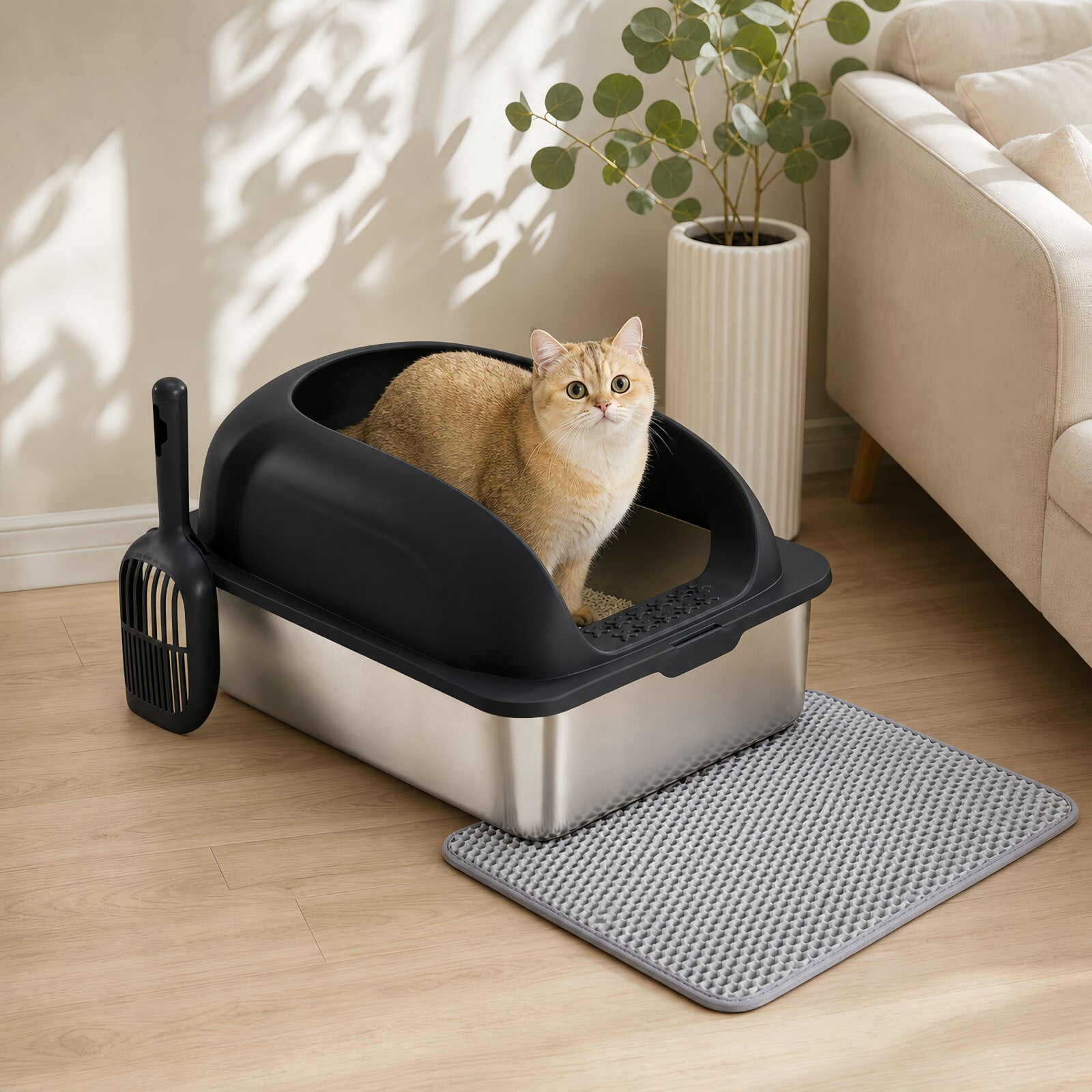 Kelno Cat Litter Box with Lid Scoop Mat High Wall Anti-Urine Leak Stainless Steel Litter Box, Black