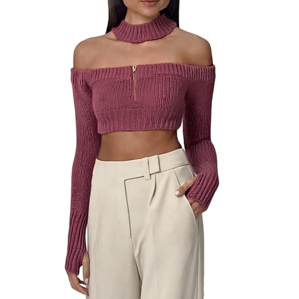 TRKIYQC Suéter corto de punto de manga larga con hombros descubiertos y cuello para mujer TRKIYQC moda