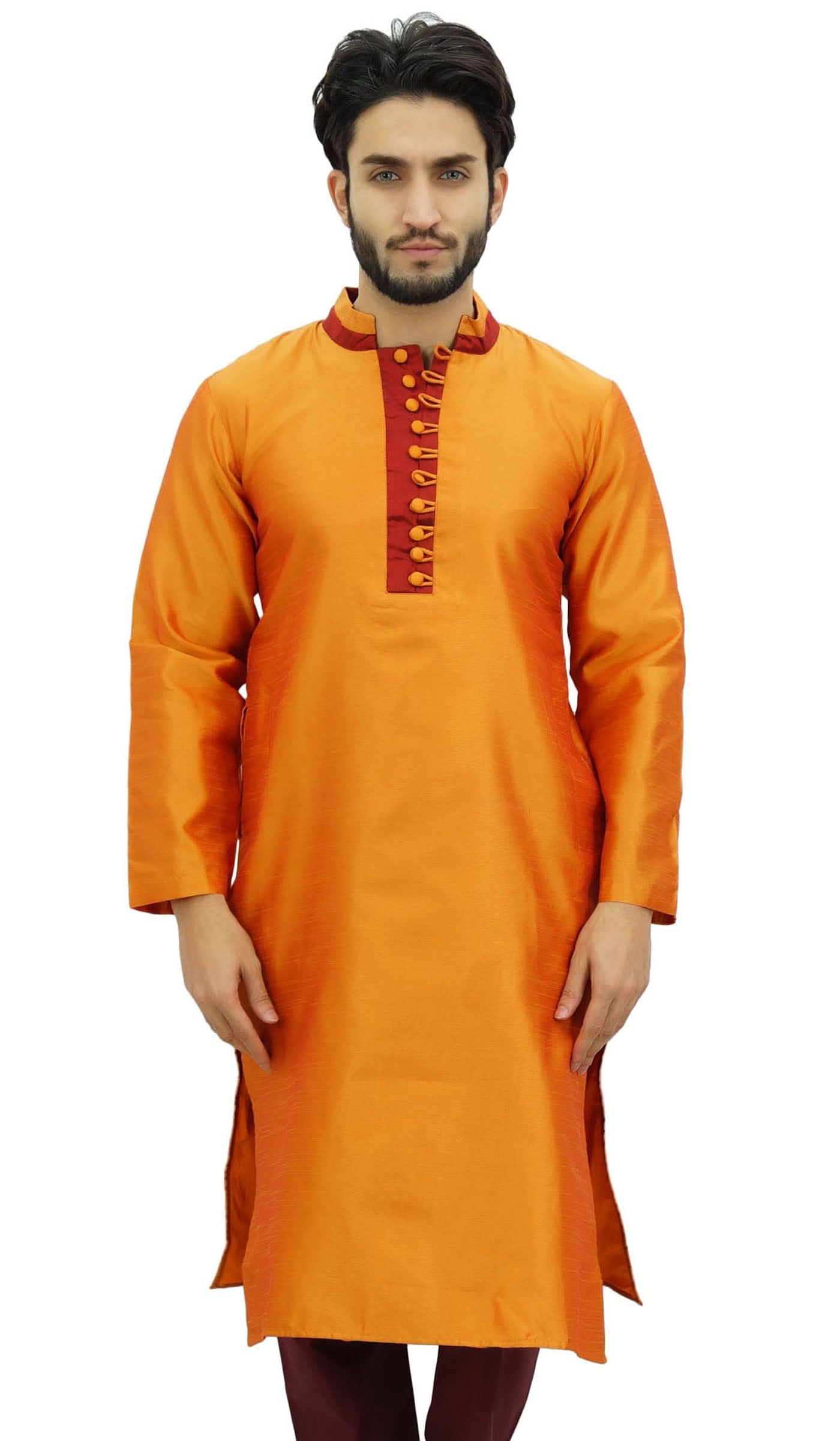 Atasi Men's Kurta Pyjama Set Orange Dupion Ethnic Bollywood Shirt 