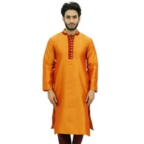 Atasi Men's Long Kurta Orange Dupion Ethnic Bollywood Style Shirt-Medium