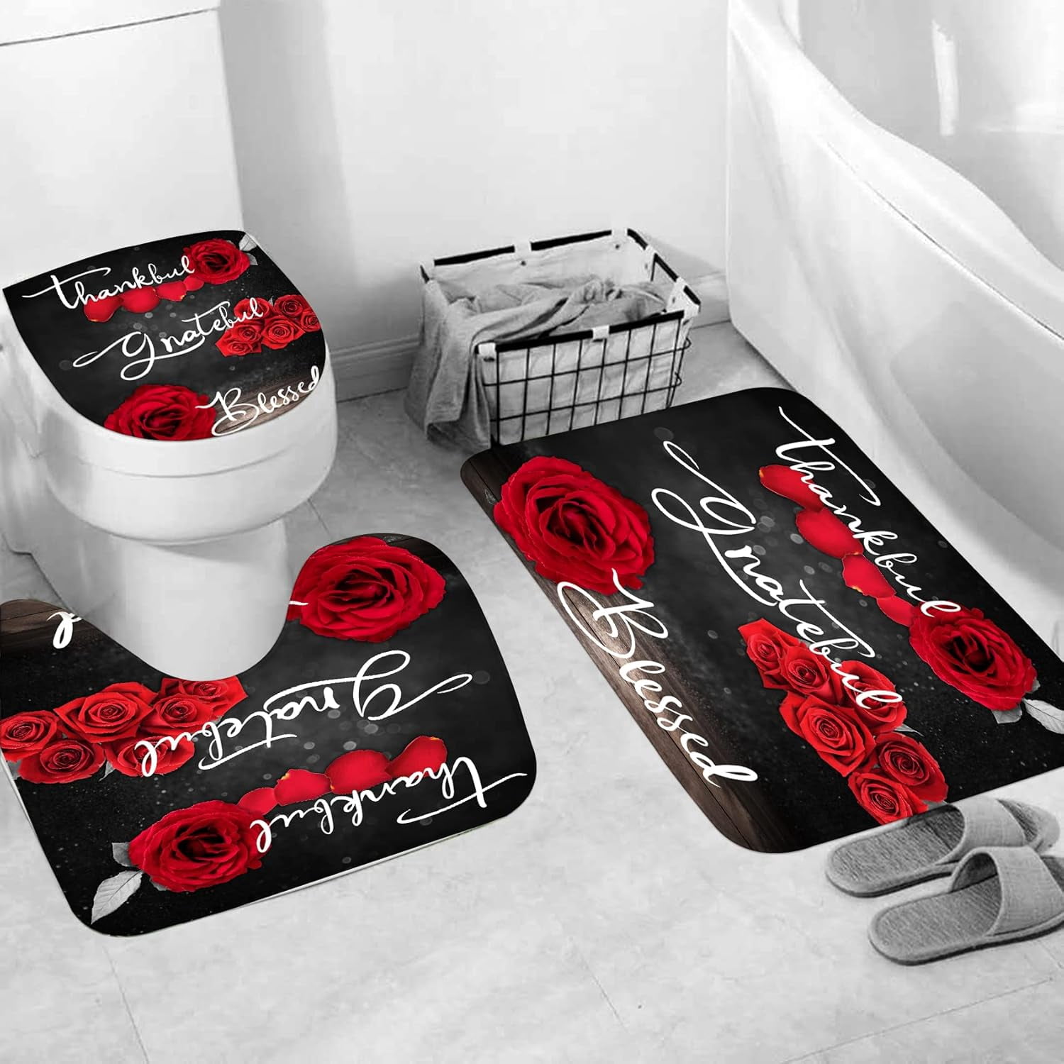 Red Rose Shower Curtain Sets, Thankful Grateful Blessed Bathroom Curtain with Non-Slip Rug, Toilet Lid Cover, Bath Mat and 12 Hooks, Romantic Showy Floral Wedding Decor for Bath
