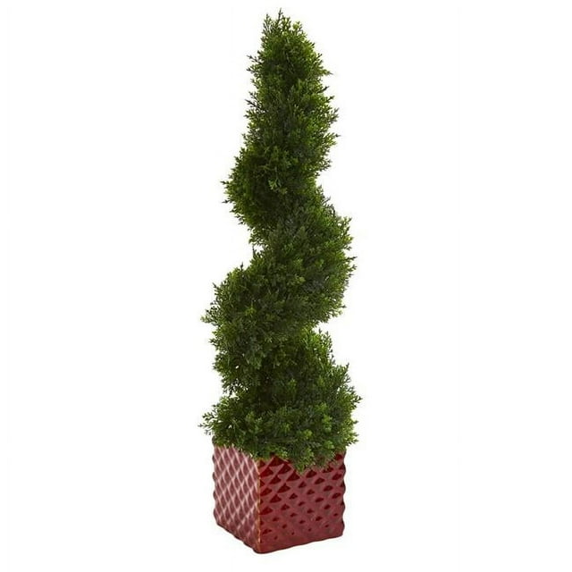 Nearly Natural 5799 26 in. Cedar Spiral Artificial Topiary Tree in Red Ceramic Cube