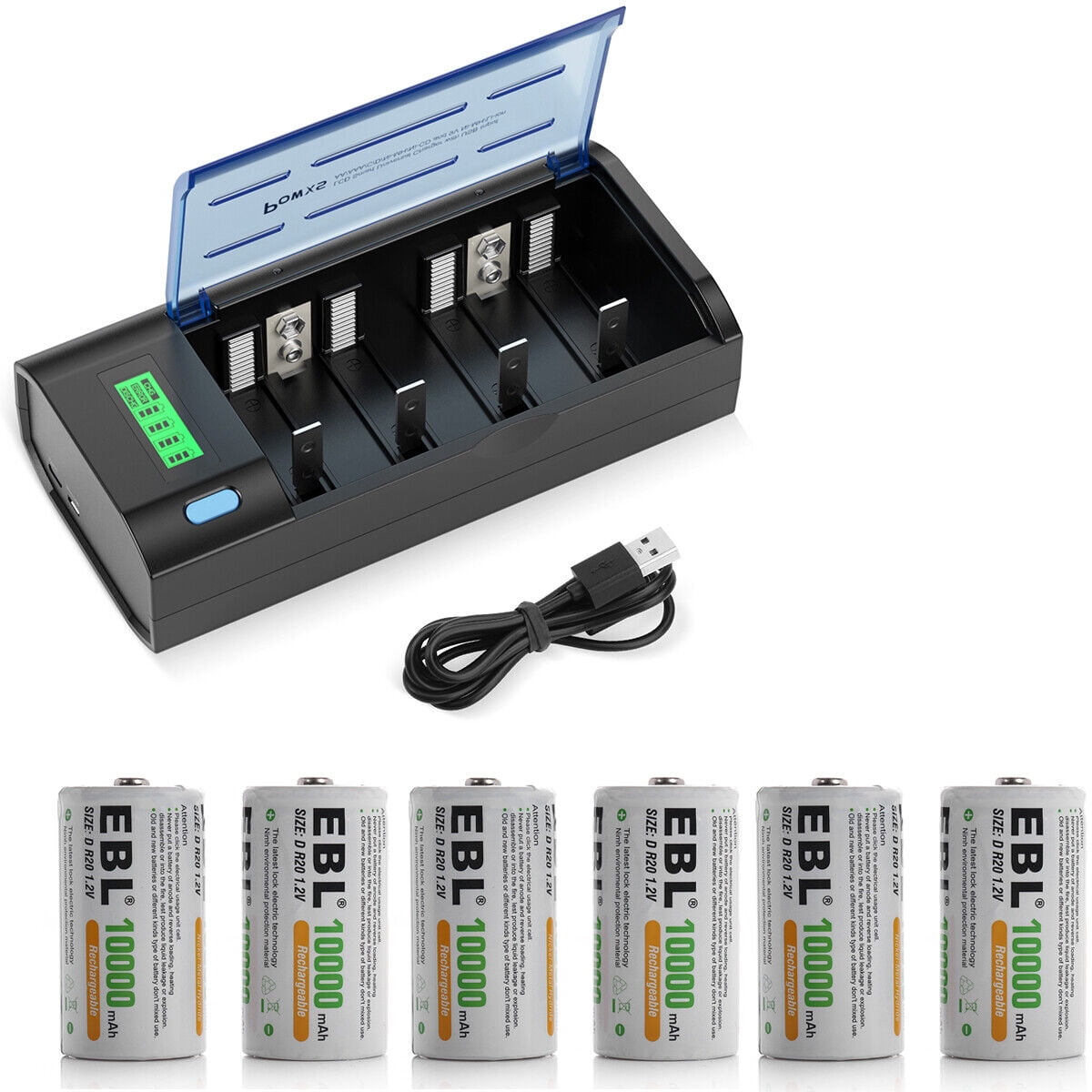 EBL 6Pack 10000mAh Size D Rechargeable Batteries + Universal LCD